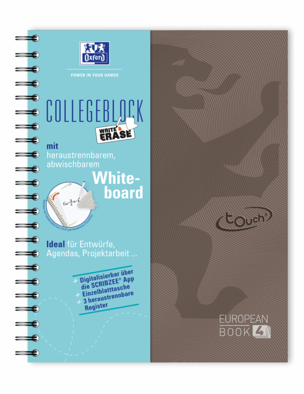 CAIET ORGANIZATOR OXFORD EUROPEANBOOK STUDENTS, A4+ 120F, HÂRTIE OPTIK 90 G/MP, SPIRĂ DUBLĂ, SCRIBZEE, PEFC, 3 SEPARATOARE PP + WHITEBOARD, 4 PERFORAȚII, BUZUNAR INTERIOR, 4 SECȚIUNI CU MARGINI COLORATE, PĂTRĂȚELE, CULOARE MARO