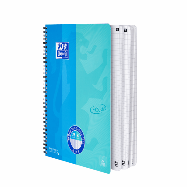 CAIET OXFORD TOUCH DUO, A4+ 80F, SPIRĂ DUBLĂ, SCRIBZEE, DICTANDO + PĂTRĂȚELE, CULOARE ALBASTRU & AQUA